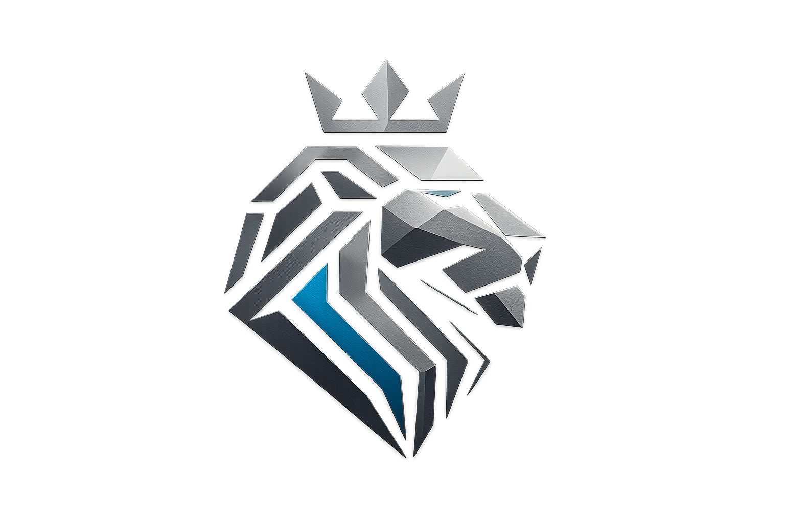 Crea un logo minimalista de un león geométrico con líneas angulares y estilizadas, que represente poder, liderazgo y elegancia. El león debe tener una corona pequeña y minimalista integrada en su diseño. El estilo debe ser moderno y futurista, como esculpido en metal, con colores negro, plata y detalles en azul eléctrico. No incluir texto. El diseño debe transmitir tecnología, lujo y autoridad.